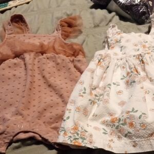 Girls' Casual Pink Swiss Dot Romper and White Floral Dress Set